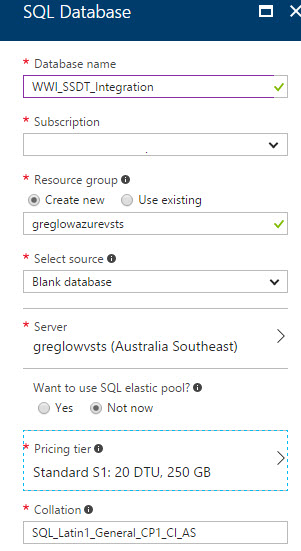 In the SQL Database blade, the Database name field displays WWI_SSDT_Integration. Under Resource group, the create new radio button is selected, and the name is greglowazurevsts. The server selected is greglowvsts (Australia Southeast), and the Pricing tier is Standard S1.
